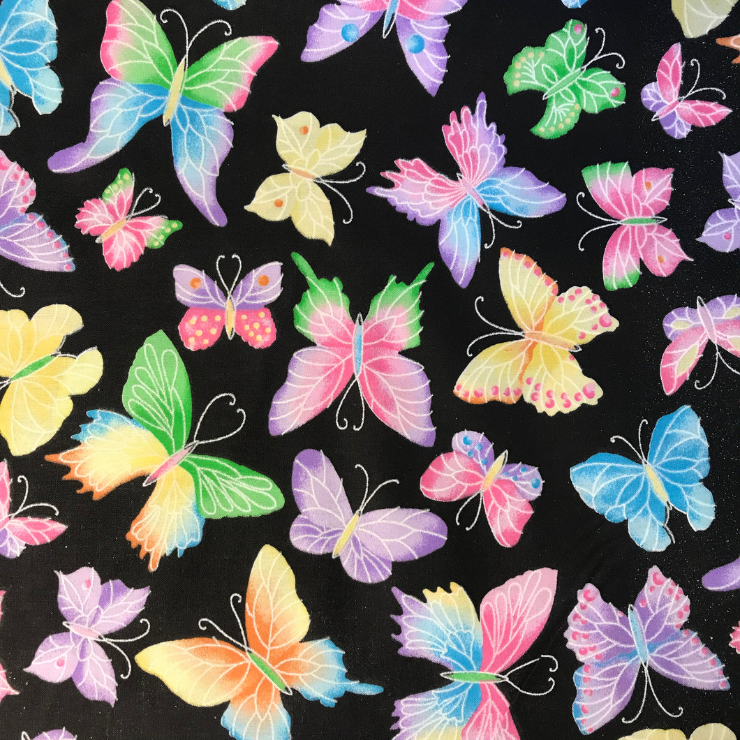 Butterfly cotton fabric - multicolored butterfly material - Silver sparkle butterflies fabric - By the meter